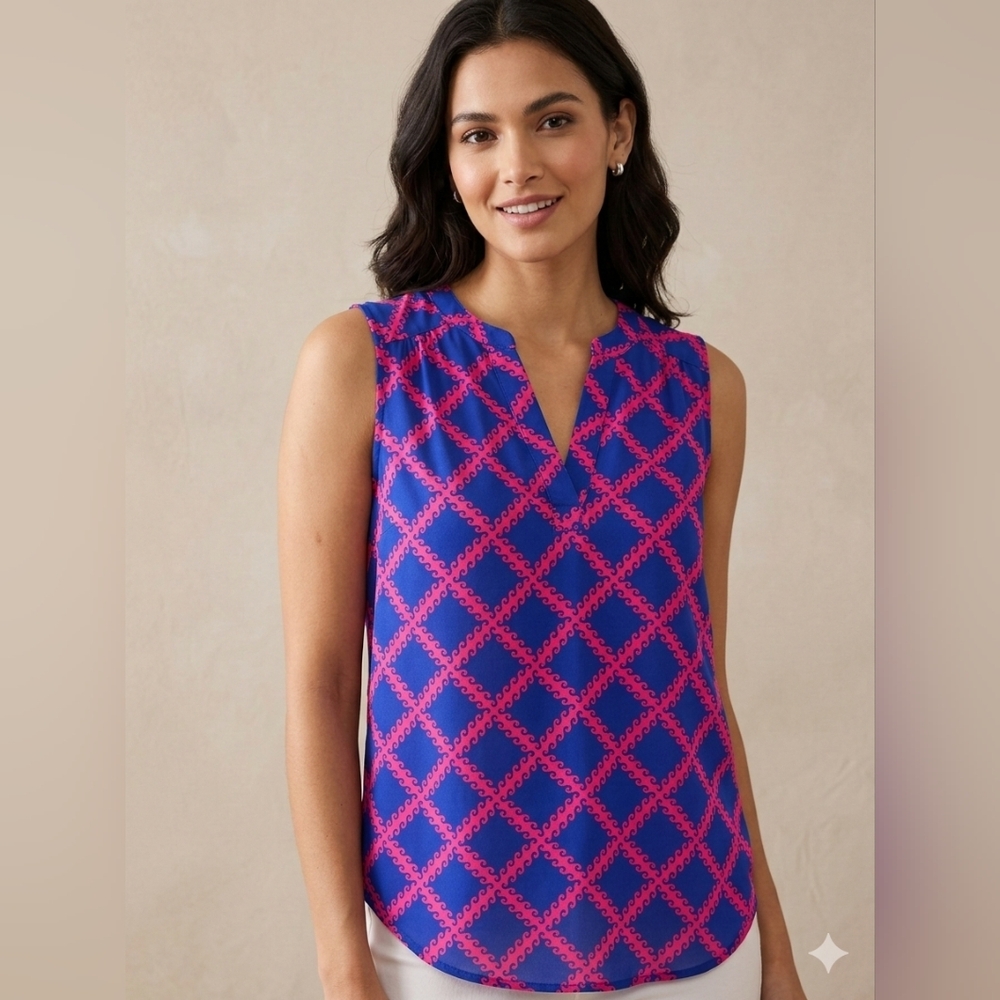 41 Hawthorn Blue & Pink Geometric V-Neck Sleeveless Blouse Size Large